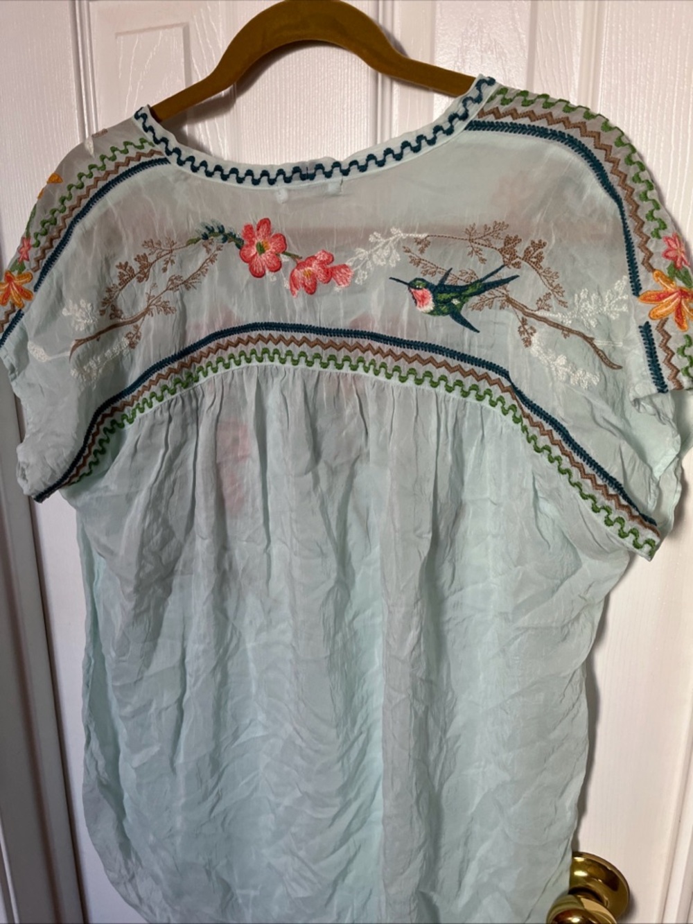 Johnny Was Pale Blue Embroidered Floral Tie-Front Tunic - Picture 4 of 5